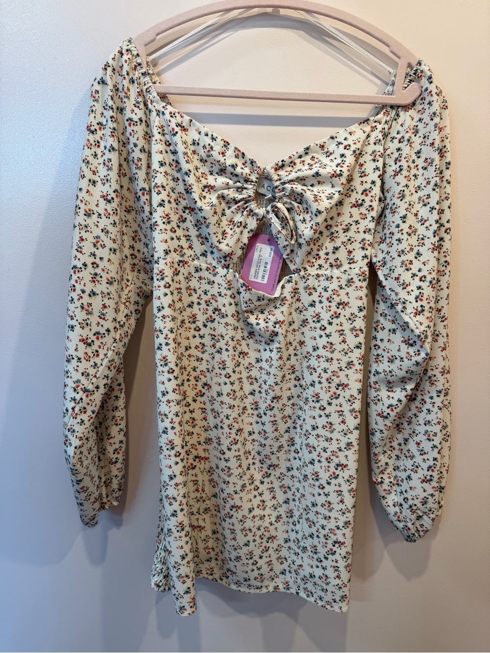 Floral Cream Long Sleeve Mini Dress with Front Tie
